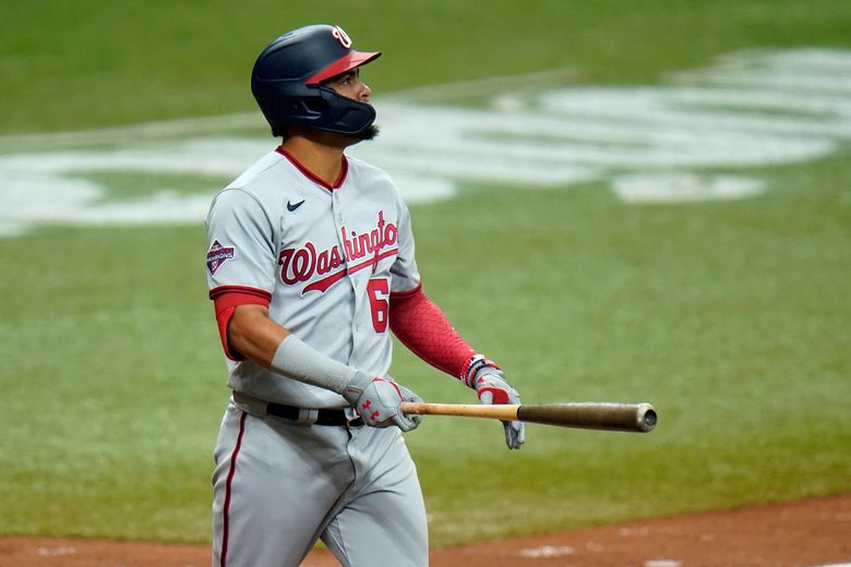 Washington Nationals shortstop Luis Garcia watches a hit during the