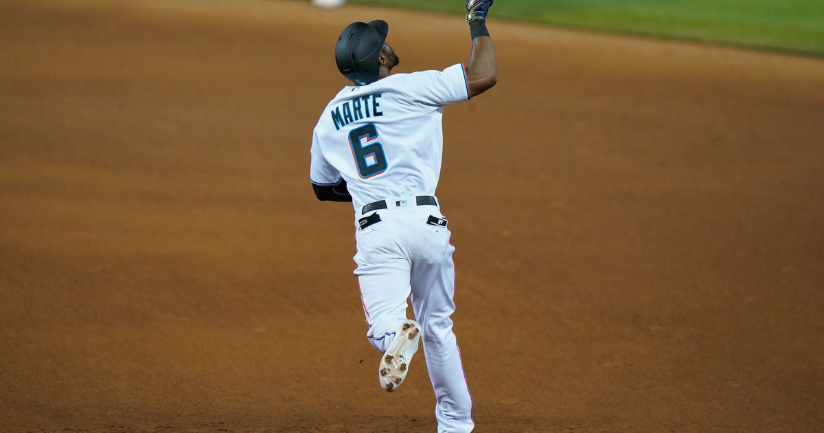 Jorge Alfaro of the Miami Marlins at bat against the Toronto Blue