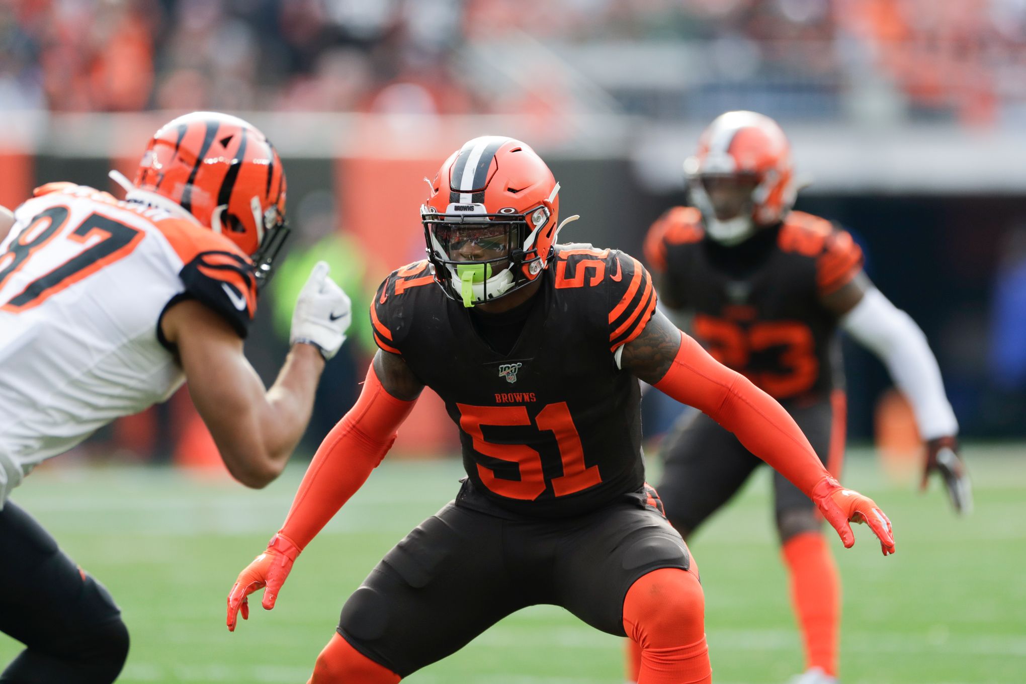 Cleveland Browns linebacker Mack Wilson is introduced before an