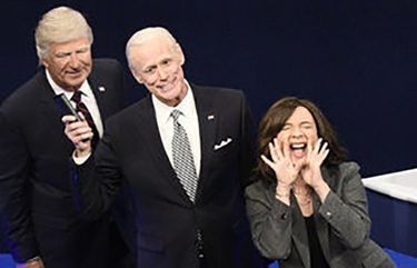 This image released by NBC shows Alec Baldwin as Donald Trump, from left, Jim Carrey as Joe Biden and Maya Rudolph as Kamala Harris during the “First Debate” Cold Open on “Saturday Night Live” in New York on Oct. 3, 2020. (Will Heath/NBC via AP) NYET702 NYET702