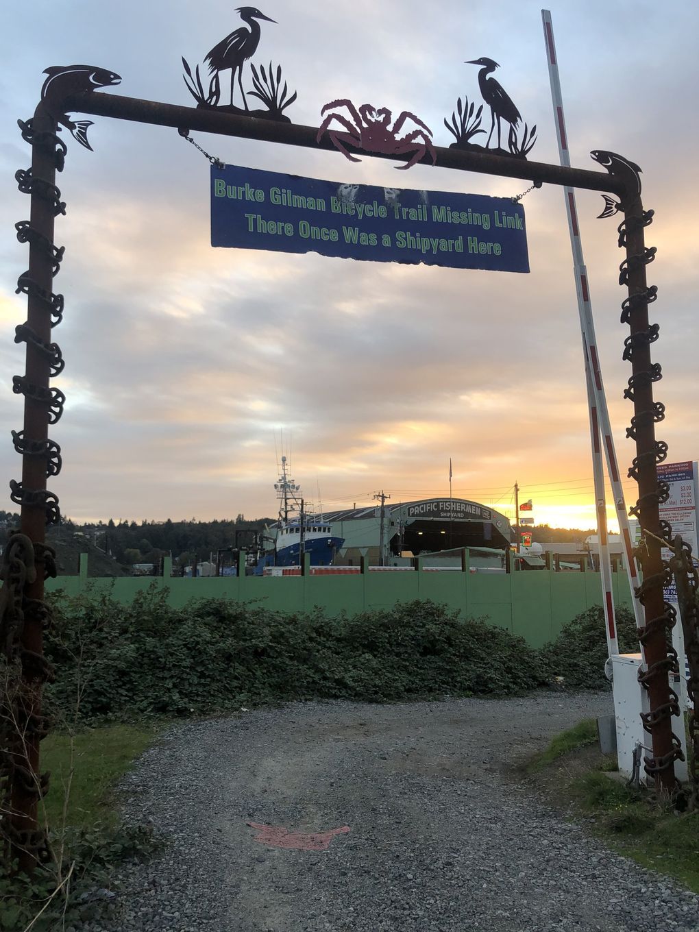 Across from our midpoint, Cloudburst on Shilshole, is Pacific Fishermen’s Shipyard, shown here at sunset Oct. 14, 2020. (Trevor Lenzmeier / The Seattle Times)