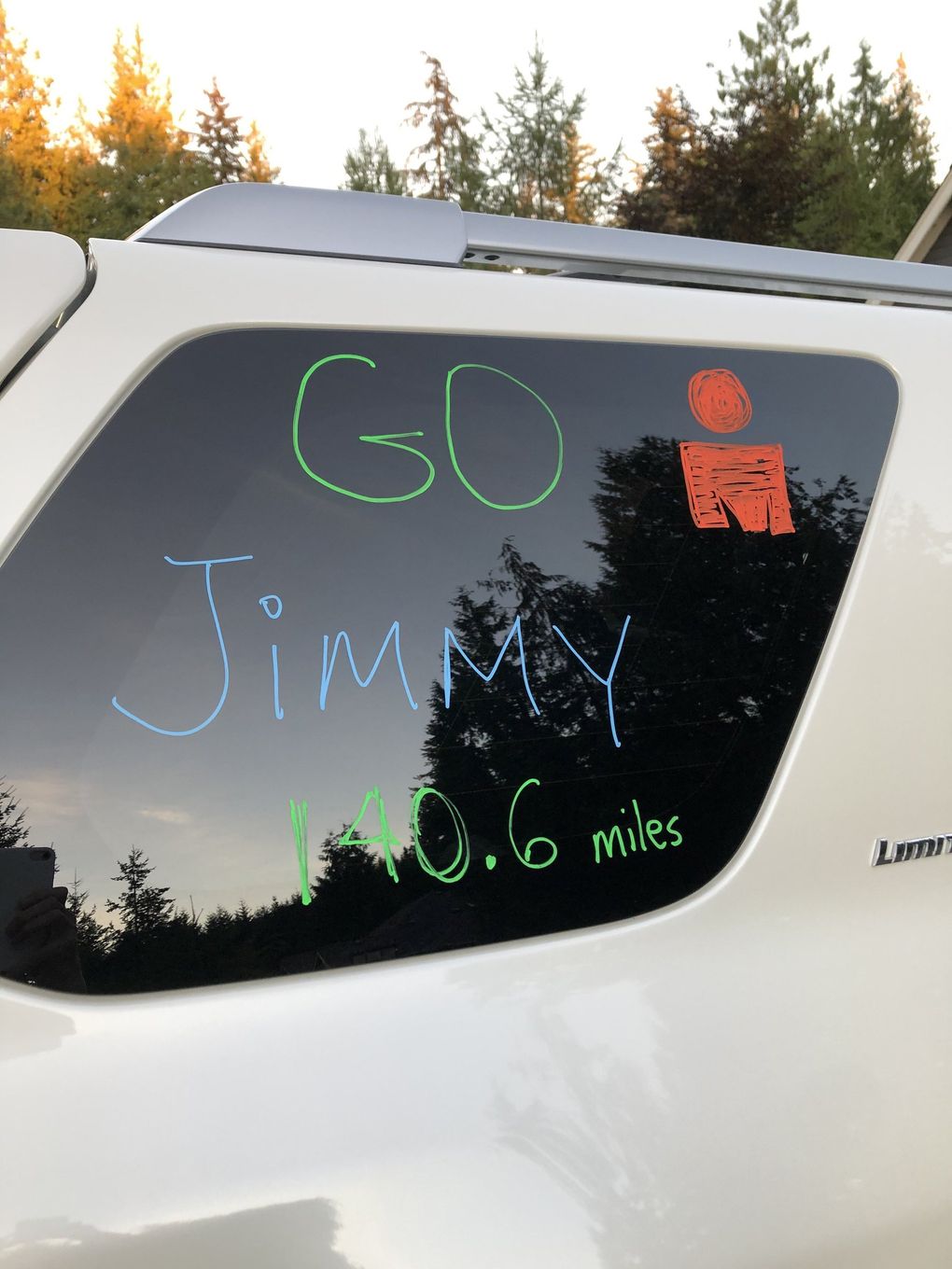 The Watts family wrote words of encouragement for Jimmy Watts on their car prior to his embarking on the “Solo Man” triathlon. (Photo courtesy Jimmy Watts / )