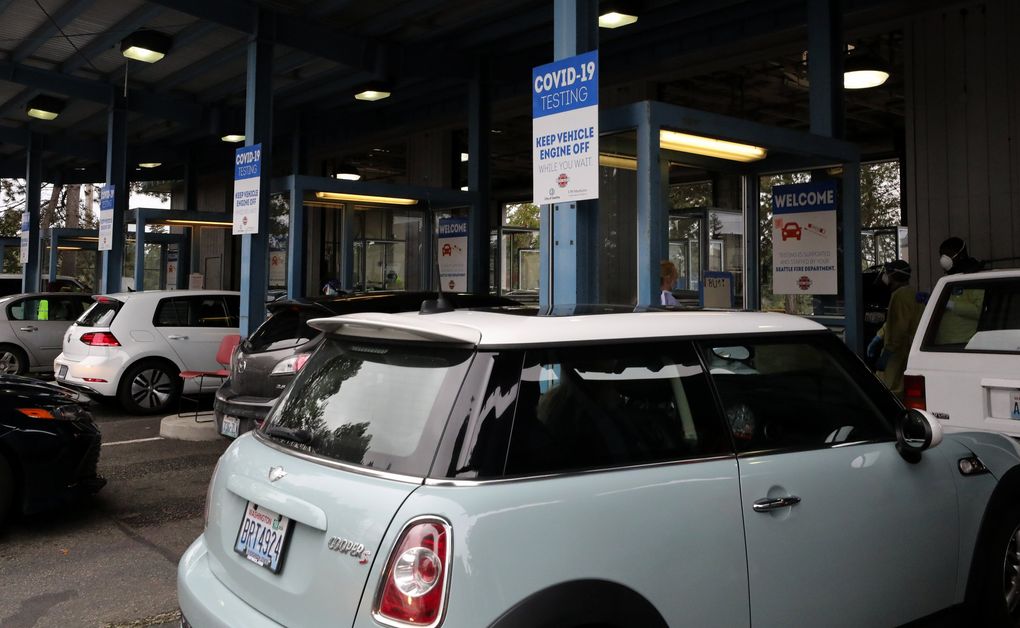 The former vehicle-emissions testing site on North Aurora is now used by the city to offer free COVID-19 tests. (Alan Berner / The Seattle Times)