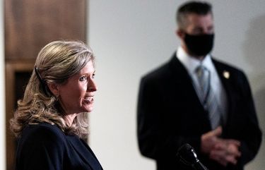 Sen. Joni Ernst (R-Iowa) speaks at a news conference in Washington on Oct. 20, 2020. A poll from The New York Times and Siena College found Ernst in a statistical tie with Theresa Greenfield, the Democrat. (Anna Moneymaker/The New York Times) XNYT36