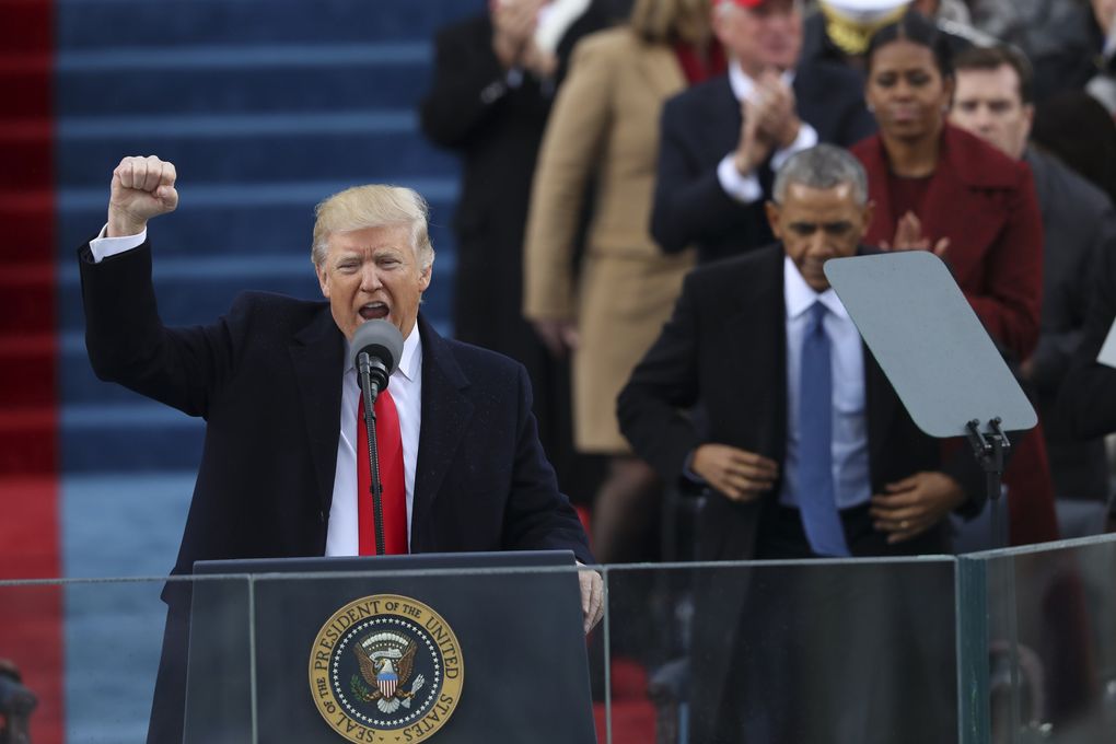 A newly sworn-in President Donald Trump addresses the crowd at the U.S. Capitol on Jan. 20, 2017. Historians and observers agree that the United States has grown more divided during his tenure. (Chang W. Lee / The New York Times)