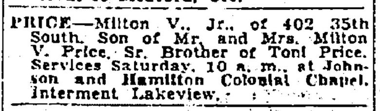 The 1957 death announcement, in The Seattle Daily Times, of Milton V. Price Jr., who died when he was 3. Evergreen Washelli Cemetery in Seattle refused to bury him where other children were laid to rest because he was Black.