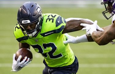 SEAHAWKS FILE —

Seahawks running back Chris Carson carries the ball as the Seattle Seahawks take on the Minnesota Vikings at CenturyLink Field in Seattle Sunday October 11, 2020. 215325