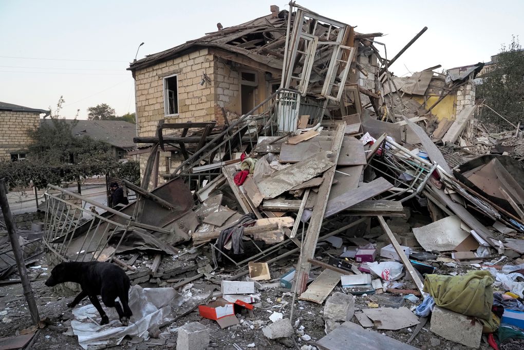 A general view of a destroyed after shelling by Azerbaijan’s artillery house during a military conflict in Stepanakert, the separatist region of Nagorno-Karabakh, Saturday, Oct. 17, 2020.Nagorno-Karabakh, which lies within Azerbaijan but has been under the control of ethnic Armenian forces since a war there ended in 1994, faces an outbreak of the coronavirus amid the largest outbreak of hostilities in more than a quarter-century. (AP Photo)