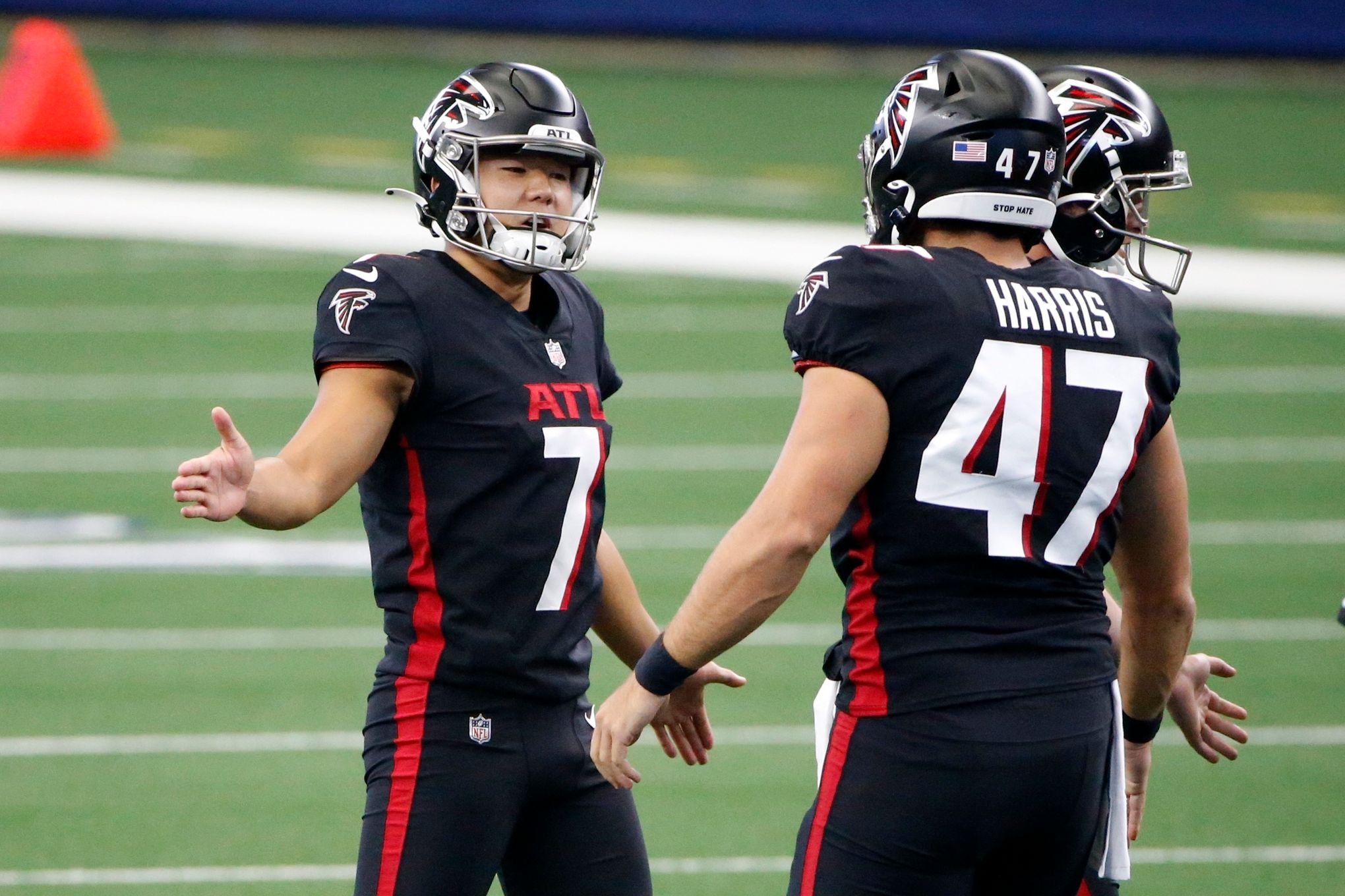 Atlanta Falcons place kicker Younghoe Koo (7) celebrates with