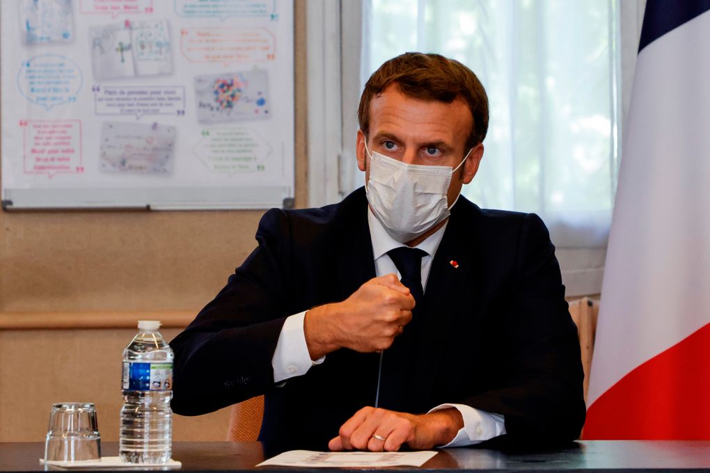French President Emmanuel Macron, seen here chairing a meeting with the medical staff of the Rene Dubos hospital center, in Pontoise, outside Paris, on Oct. 23, 2020. Macron said Thursday “the epidemic is very strongly accelerating” as France hit more than a million coronavirus cases. (Photo by Ludovic Marin, Pool via AP)