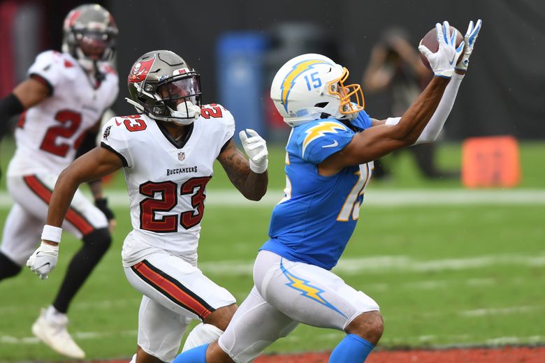 Los Angeles Chargers wide receiver Jalen Guyton (15) runs a route while  playing the Los Angeles