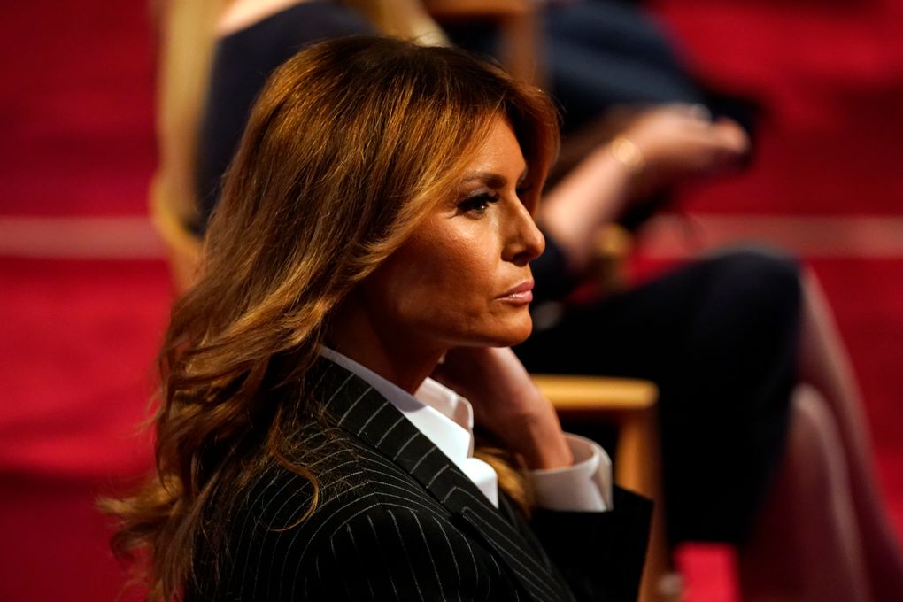First lady Melania Trump sits before the first presidential debate Tuesday, Sept. 29, 2020, at Case Western University and Cleveland Clinic, in Cleveland, Ohio. (AP Photo/Julio Cortez)