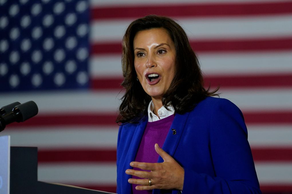 Michigan Governor Gretchen Whitmer speaks at Beech Woods Recreation Center, in Southfield, Mich., Friday, Oct. 16, 2020. Whitmer warned Wednesday that Michigan has more confirmed cases of the coronavirus than ever, noting a sharp increase since the state Supreme Court invalidated her sweeping orders earlier this month. (AP Photo/Carolyn Kaster)