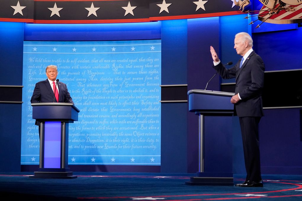 At Thursday night’s final presidential debate, President Donald Trump, left, claimed the virus was “going away” and “we’re learning to live with it.” His Democratic rival, former Vice President Joe Biden, responded, “We’re learning to die with it.” (Washington Post photo by Jabin Botsford)