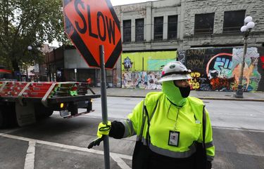 Tamara Harris, at work in Pioneer Square says, “once I got my card I became the ultimate flagger and joined the union hall.â€  Harris loves the responsibility and being outside..

Ref to more photos online

Northwest Wanderings

Friday Oct 16, 2020 215379