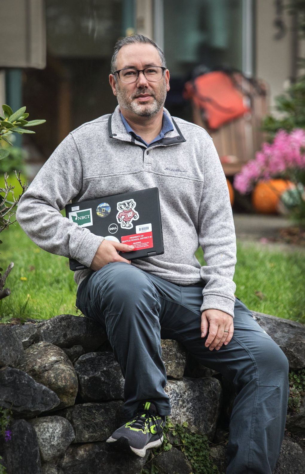 Ingraham High School teacher Noah Zeichner, who is in his 17th year teaching in Seattle Public Schools, added a two-week unit on the election process this year. He said engaging with students is much more difficult over Microsoft Teams. (Steve Ringman / The Seattle Times)