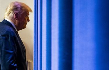 President Donald Trump leaves after speaking to reporters in the briefing room of the White House in Washington, Nov. 5, 2020. Trump has tried to condition a large segment of the American public not to believe anyone other than him, with evident success. (Doug Mills/The New York Times) XNYT205 XNYT205