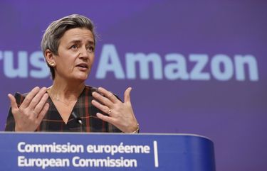 European Executive Vice-President Margrethe Vestager speaks during a press conference regarding an antitrust case with Amazon at EU headquarters in Brussels, Tuesday, Nov. 10, 2020. European Union regulators have filed antitrust charges against Amazon, accusing the e-commerce giant of using data to gain an unfair advantage over merchants using its platform. (Olivier Hoslet, Pool via AP) VLM102 VLM102
