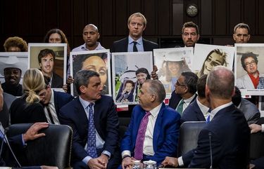 Boeing’s chief executive, Dennis Muilenburg, looks back at the family members of 737 Max crash victims during a Senate hearing on Capitol Hill in Washington, Tuesday, Oct. 29, 2019. Muilenburg, is testifying before Congress for the first time since the crashes of two 737 Max jets that killed 346 people. (Anna Moneymaker/The New York Times) XNYT23