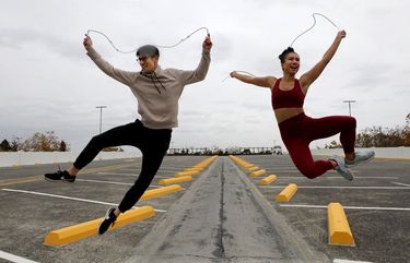 Even in a light rain while jumping ropes, Brian Hsu and Alysia Mattson perform improvised heel clicks.  Hsu is an award-winning jump roper and has been doing this for two decades.  Mattson has only been doing it for 7-months but has mastered so many tricks.   They consider it great aerobic exercise besides being inexpensive fun.

Ref to more OnLine

 Both are excellent at skills and tricks.

Thursday Nov 12, 2020 215577