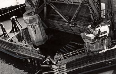 The West Seattle Bridge after it was struck by the Chavez, a Panamanian freighter, in 1978. Staff photo Vic Condiotty.