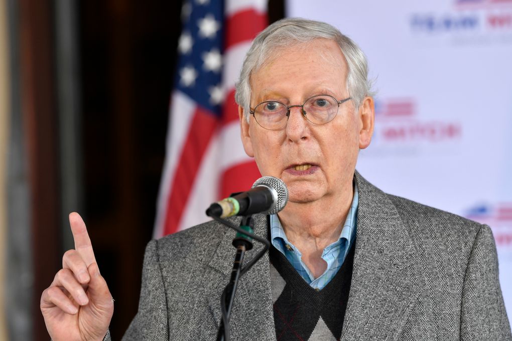 FILE – In this Oct. 28, 2020, file photo, Senate Majority Leader Mitch McConnell, R-Ky., speaks to supporters in Lawrenceburg, Ky. (AP Photo/Timothy D. Easley, File)