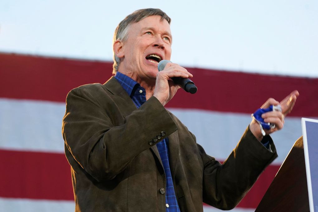 In this Oct. 8, 2020, file photo, John Hickenlooper, Democratic candidate for the U.S. Senate seat in Colorado, speaks during a car rally in Denver. (AP Photo/David Zalubowski, File)