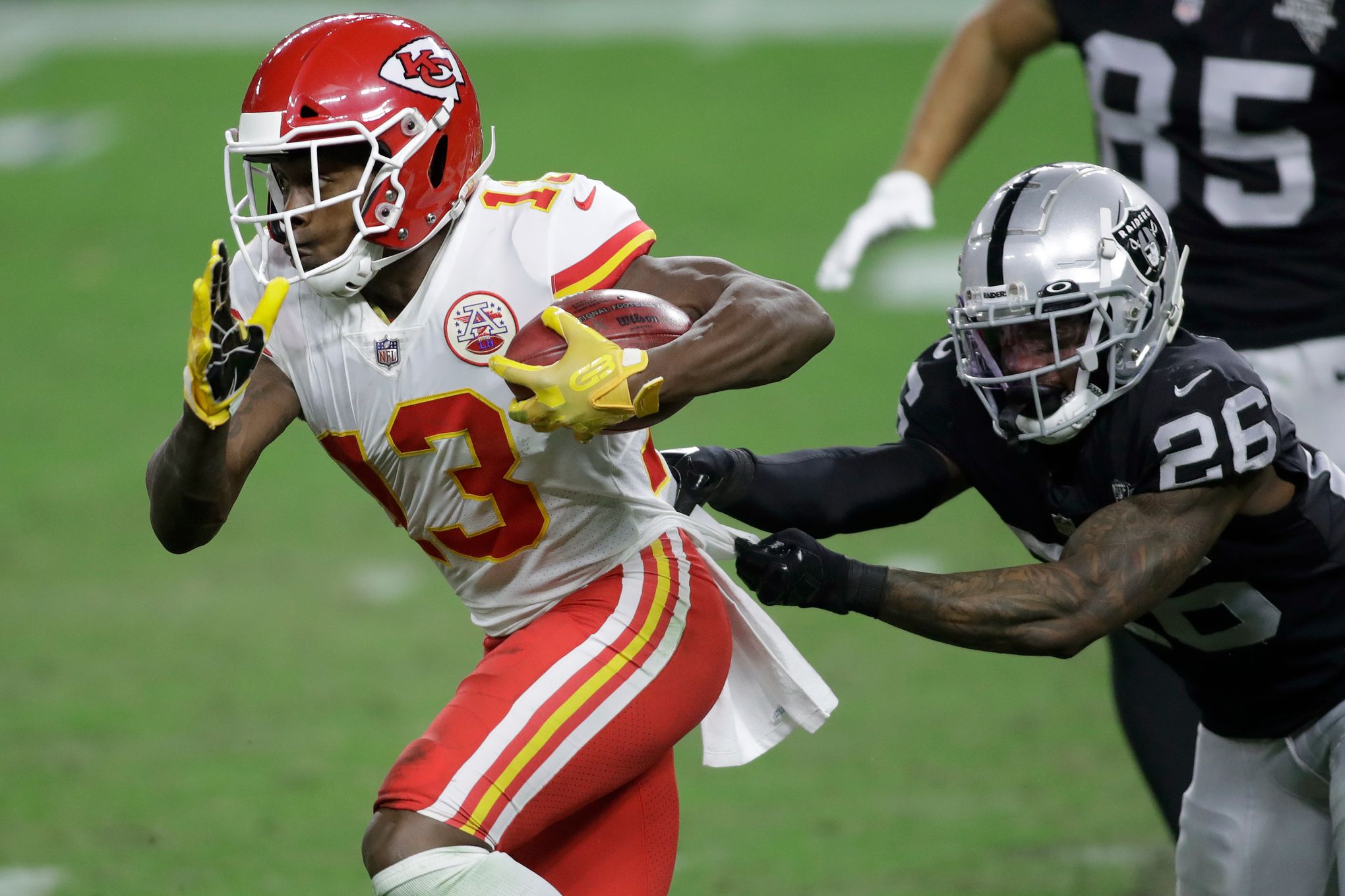 Kansas City Chiefs wide receiver Byron Pringle (13) runs a pass