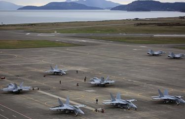 EA-18G Growlers, with some San Juan Islands in the background, prepare for an exercise at Naval Air Station Whidbey Island, Thurs., March 10, 2016. Some Lopez Island residents are among those in the area upset with noise levels, which appear more bothersome from the past Prowler jets used by the Navy.