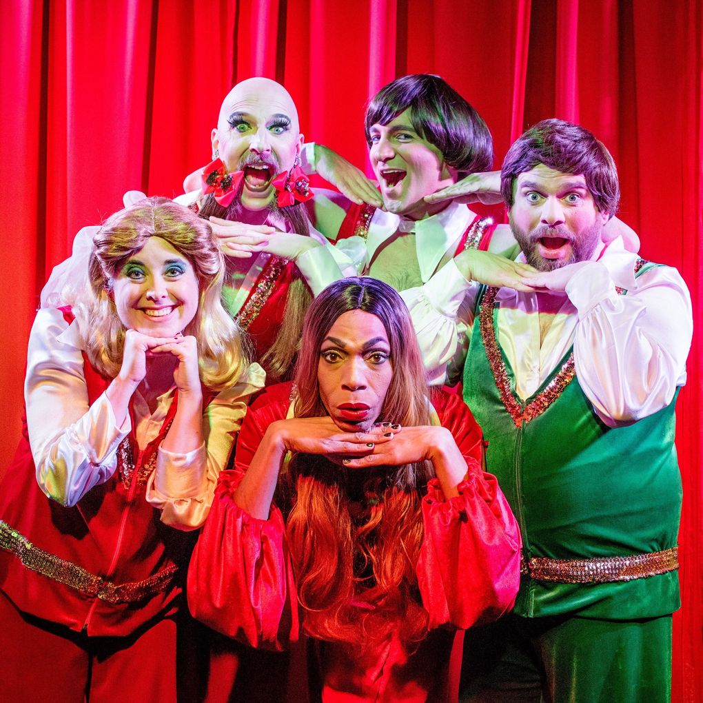 The light, mildly sacrilegious holiday revue “Scott Shoemaker’s War on Christmas!” had been a recent holiday tradition at Re-bar. This year it streams online featuring, clockwise from left, Mandy Price, Waxie Moon, Faggety Randy, Scott Shoemaker and Adé. (Bronwen Houck Photography)