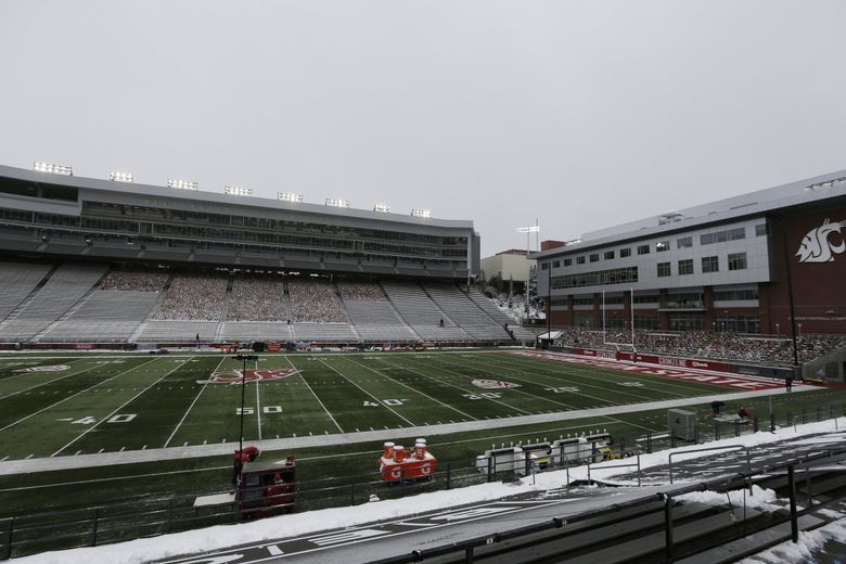 Martin Stadium is seen after the NCAA college football game between Washington State and California was canceled due to COVID-19 positive testing and contact tracing on the California team,  Saturday, Dec. 12, 2020, Pullman. (Young Kwak / The Associated Press)