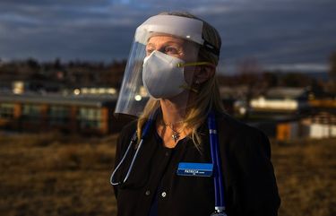 Nurse Patricia Short is pictured outside of the nursing home where she works in Sunnyside, WA. on Saturday, Dec. 12, 2020.