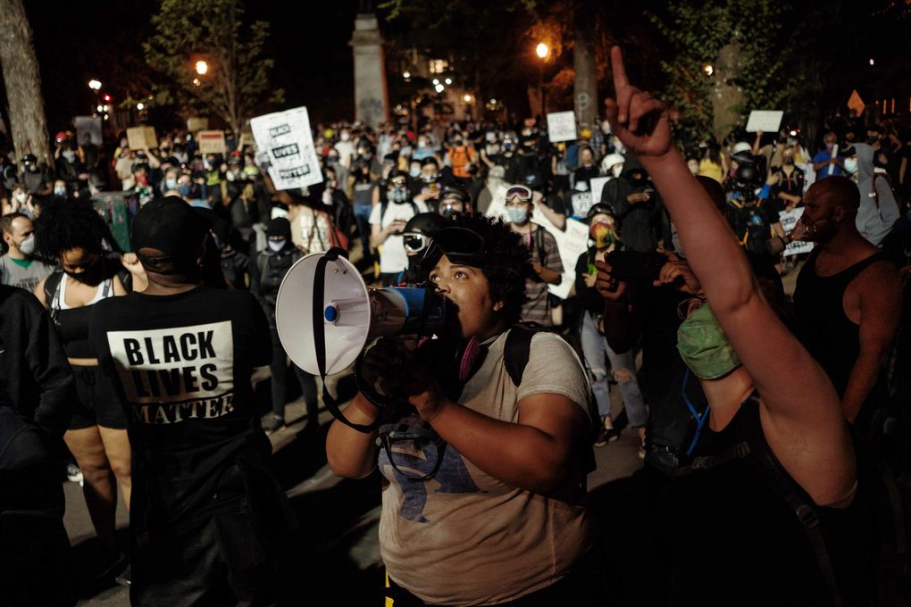 A Black Lives Matter demonstration in Portland, Ore., July 30, 2020, during the months of protests following the death of George Floyd. (Mason Trinca / The New York Times)