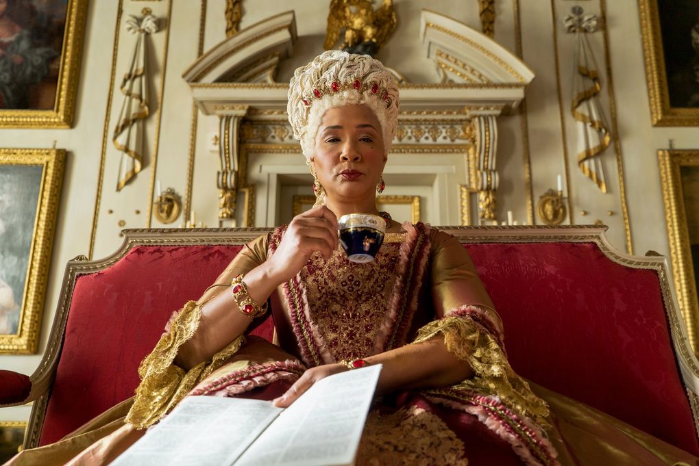 Golda Rosheuvel as Queen Charlotte in “Bridgerton,” debuting on Netflix Dec. 25. (Liam Daniel / Netflix)