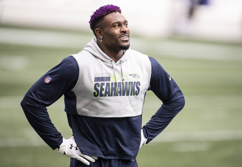 DK Metcalf warms up for the Seahawks’ game with the New York Giants on Sunday, Dec. 6, 2020, at Lumen Field in Seattle. (Dean Rutz / The Seattle Times)