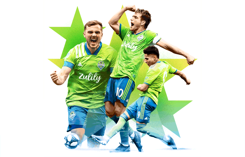 Star trio of Jordan Morris, Raul Ruidiaz and Nico Lodeiro looking to bring Sounders a third MLS Cup title. (Photo illustration by Rich Boudet / The Seattle Times)