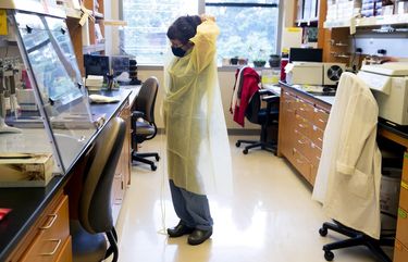 Lab technician Leslie Lazar Thorn puts on PPE before processing blood samples from patients with COVID-19 at a lab on Harborview campus in Seattle Wednesday, May 20, 2020.   213985