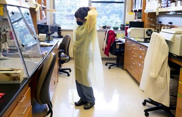 Lab technician Leslie Lazar Thorn puts on PPE before processing blood samples from patients with COVID-19 at a lab on Harborview campus in Seattle Wednesday, May 20, 2020. 213985