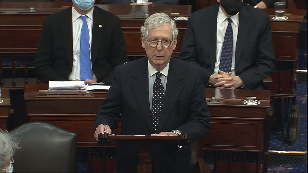 In this image from video, Senate Majority Leader Mitch McConnell of Ky., speaks as the Senate reconvenes after protesters stormed into the U.S. Capitol on Wednesday, Jan. 6, 2021. (Senate Television via AP)