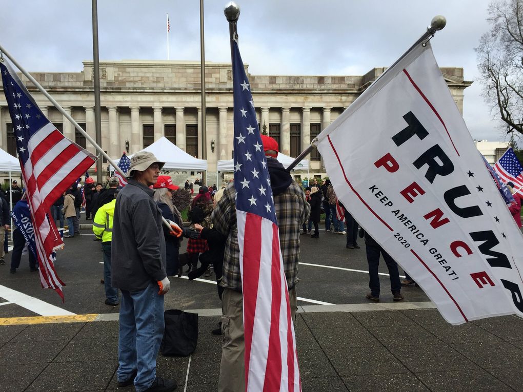 Trump supporters rally in Olympia as Congress moves to certify Biden as president elect on Wednesday, Jan. 6, 2021. (Alan Berner / The Seattle Times)