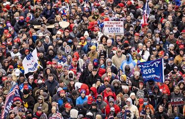 **EDS.: PLEASE NOTE POTENTIALLY OBJECTIONABLE CONTENT. ** Supporters of President Donald Trump rally in Washington in the hours before the Capitol was invaded by a mob, Wednesday, Jan. 6, 2021. Some scientists fear that the mayhem on Capitol Hill may have been a so-called super-spreading event. (Pete Marovich/The New York Times) XNYT143 XNYT143