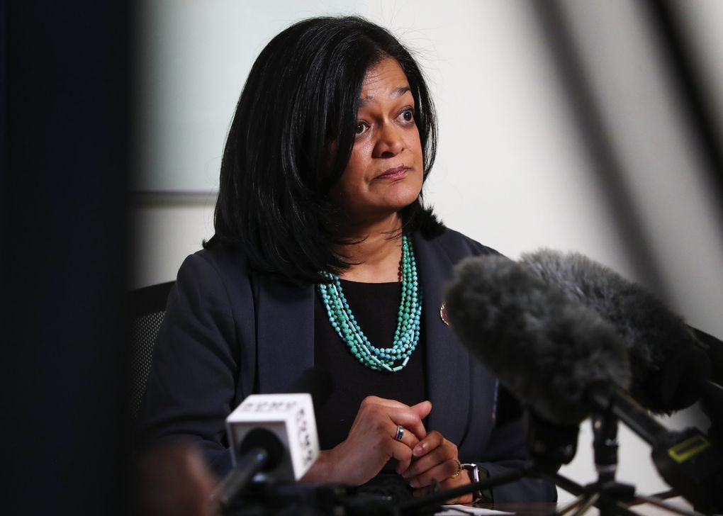 U.S. Rep. Pramila Jayapal takes questions in February 2020 in Seattle. Jayapal’s office said she tested positive for the coronavirus after last week’s attack on the Capitol. (Ken Lambert / The Seattle Times)