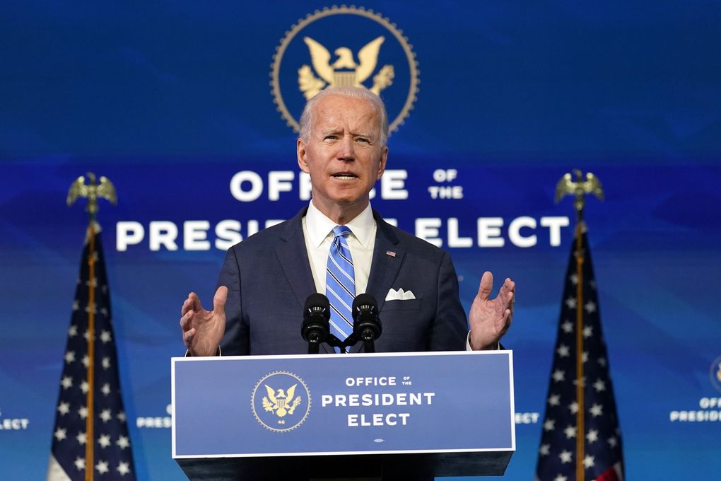 President-elect Joe Biden speaks Thursday at the Queen theater in Wilmington, Del. (Matt Slocum / The Associated Press)