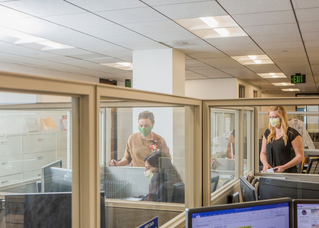 Protective barriers between cubicles replace an open-office layouts in Orange, Calif. on April 27, 2020. (Alex Welsh / The New York Times)