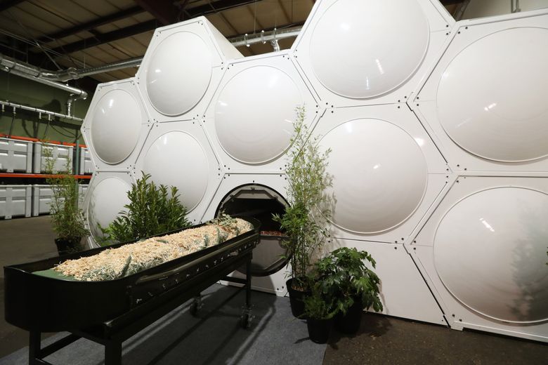 At Recompose, &#8220;vessels” full of soil undergo the process of natural organic reduction (NOR) or, more colloquially, human composting. (Ken Lambert / The Seattle Times)