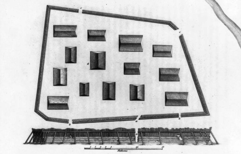 An image provided via the Library of Congress shows a drawing depicting the layout of the sapling fort in Alaska between 1803 and 1806. The illustration appeared in a book published in 1814. Archaeologists have discovered the spot in southeastern Alaska where an Indigenous tribe built a wooden fort more than two centuries ago to resist Russian invaders. (Captain 1st Rank and Cavalier, Yuri Lisyansky, via Library of Congress via The New York Times) — FOR EDITORIAL USE ONLY. —