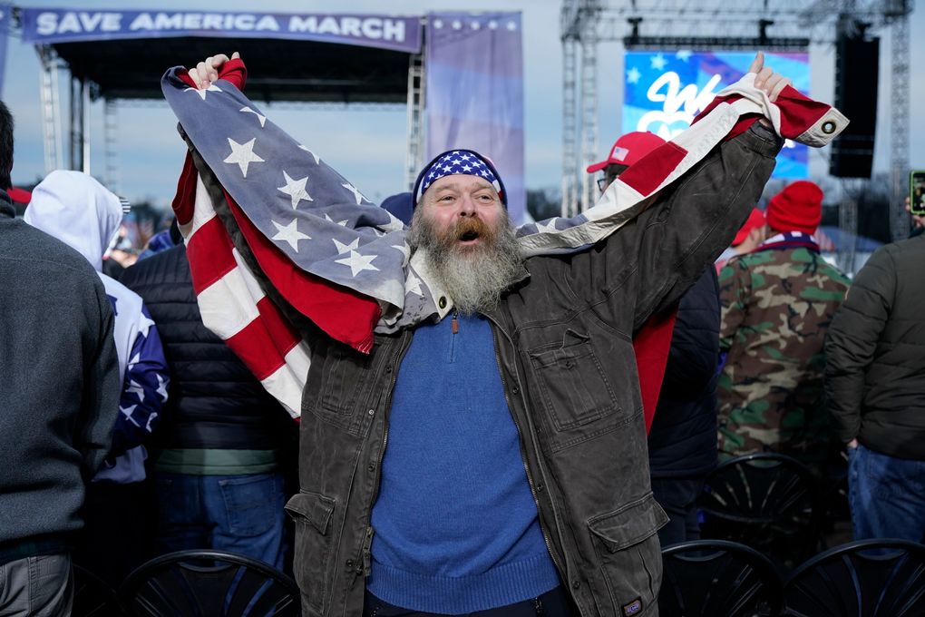 Joseph Baker of Cape May, N.J., cheers as he waits for speakers Wednesday, Jan. 6, 2021, in Washington, at a rally in support of President Donald Trump called the “Save America Rally.” (Jacquelyn Martin / The Associated Press)