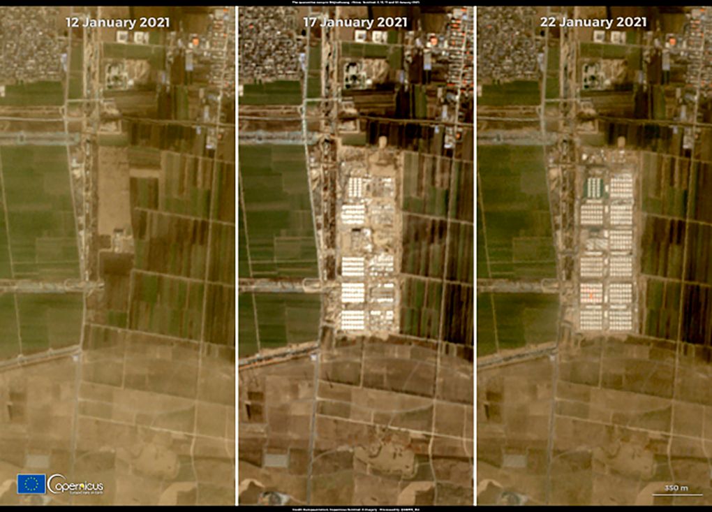 This combination of satellite images released by Copernicus, the European Union’s Earth observation program, shows a massive quarantine camp built in Shijiazhuang in China’s Hebei province. China is building a COVID quarantine center with more than 4,000 rooms in the northern city of Shijiazhuang, at a speed that’s rarely seen in other countries. The satellite images show dramatic changes over 10 days in an area where there had been only flat land before construction started on Jan. 13, 2021. (European Union, Copernicus Sentinel-2 imagery via AP)