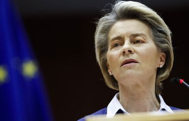 European Commission President Ursula Von Der Leyen addresses European lawmakers during a plenary session on the inauguration of the new President of the United States and the current political situation, at the European Parliament in Brussels, Wednesday, Jan. 20, 2021. (AP Photo/Francisco Seco, Pool) 