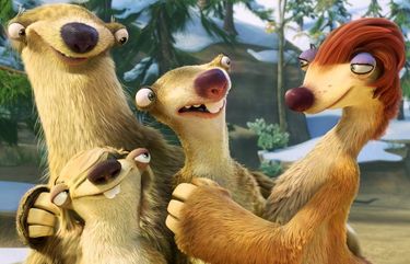 This image released by 20th Century Fox shows Sid, voiced by John Leguizamo, center, surrounded by his family in a scene from the animated film, “Ice Age: Continental Drift.” (AP Photo/20th Century Fox) NYET143  Previous UID: 0421982601